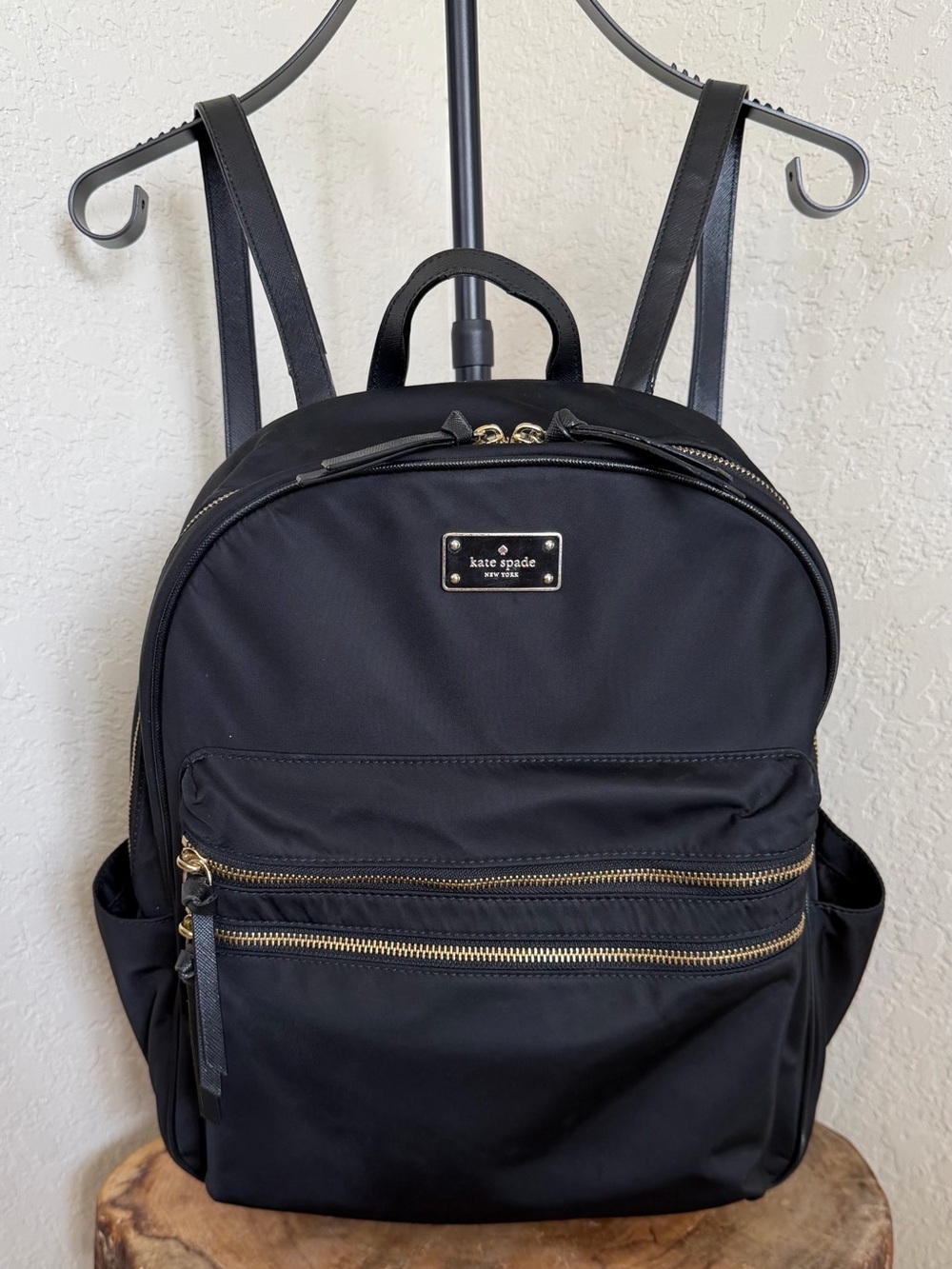 Kate Spade Black Nylon Backpack Gold Zip Medium Travel School Bag